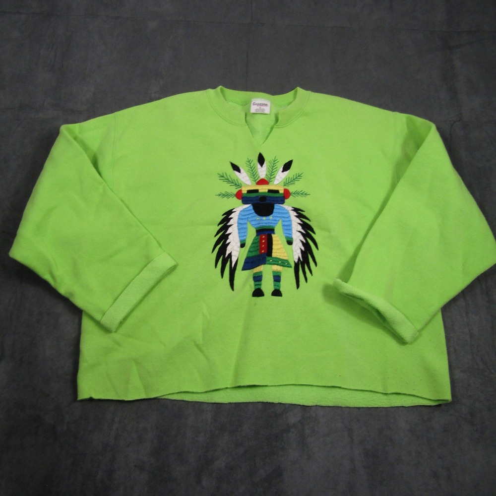 Cheetah Sweatshirt Women XL Green Vintage Embroidered Southwestern Notched Neck